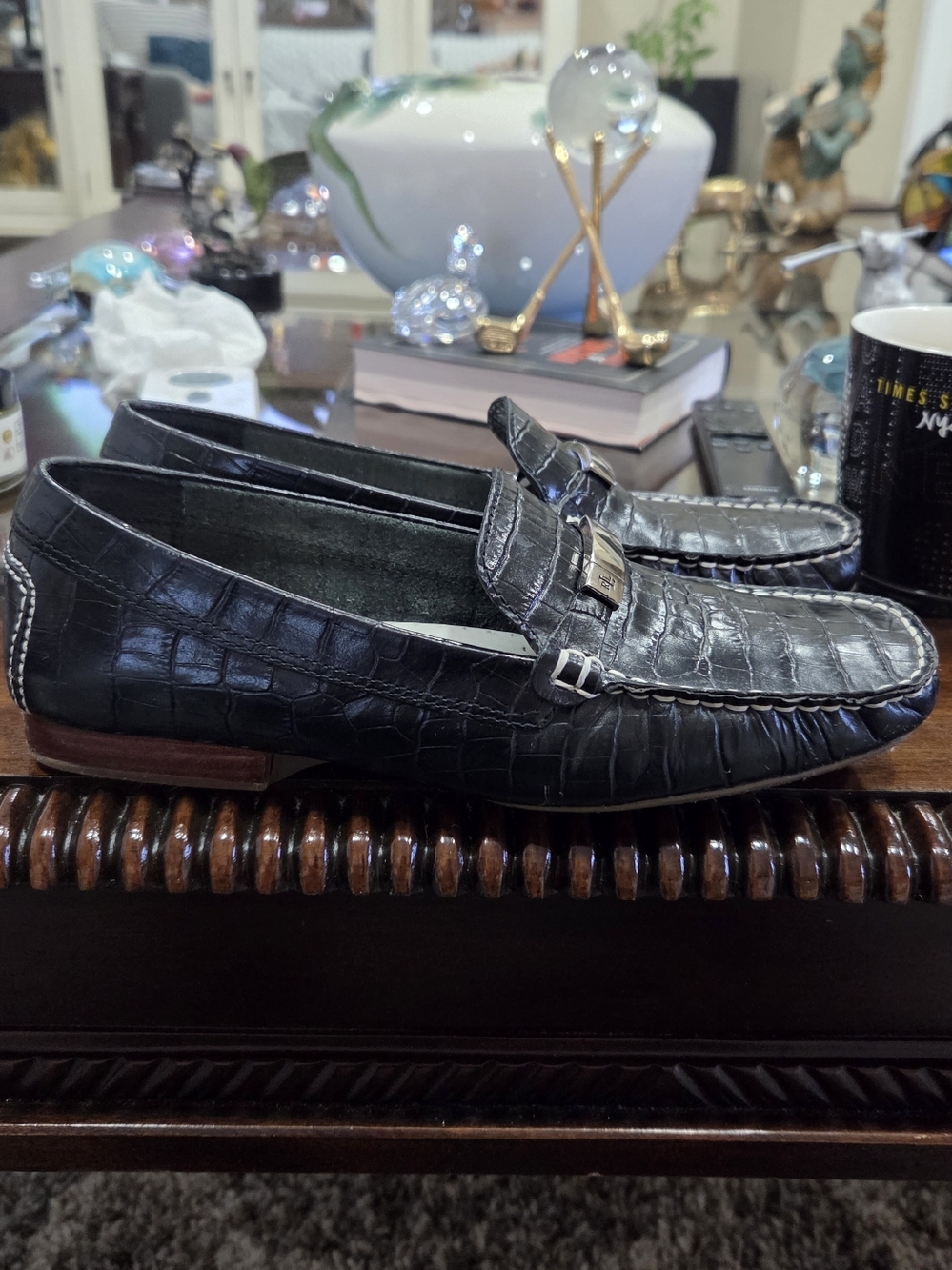 Ralph Lauren Black Croc-Embossed Leather Women's Loafers